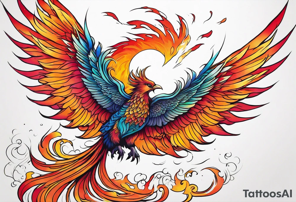 colorful phoenix claws open rising from ashes tattoo idea