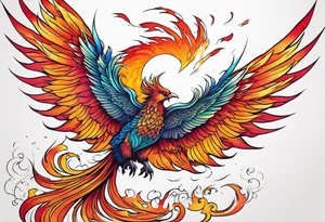 colorful phoenix claws open rising from ashes tattoo idea