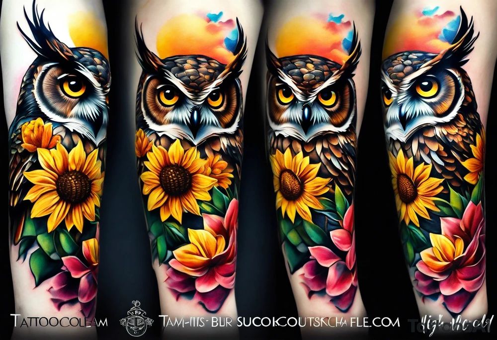 A lower forearm sleeve full colour owl light house with honeycomb filler. With sunflowers pinecone, honey suckles and sweet pea flowers. tattoo idea