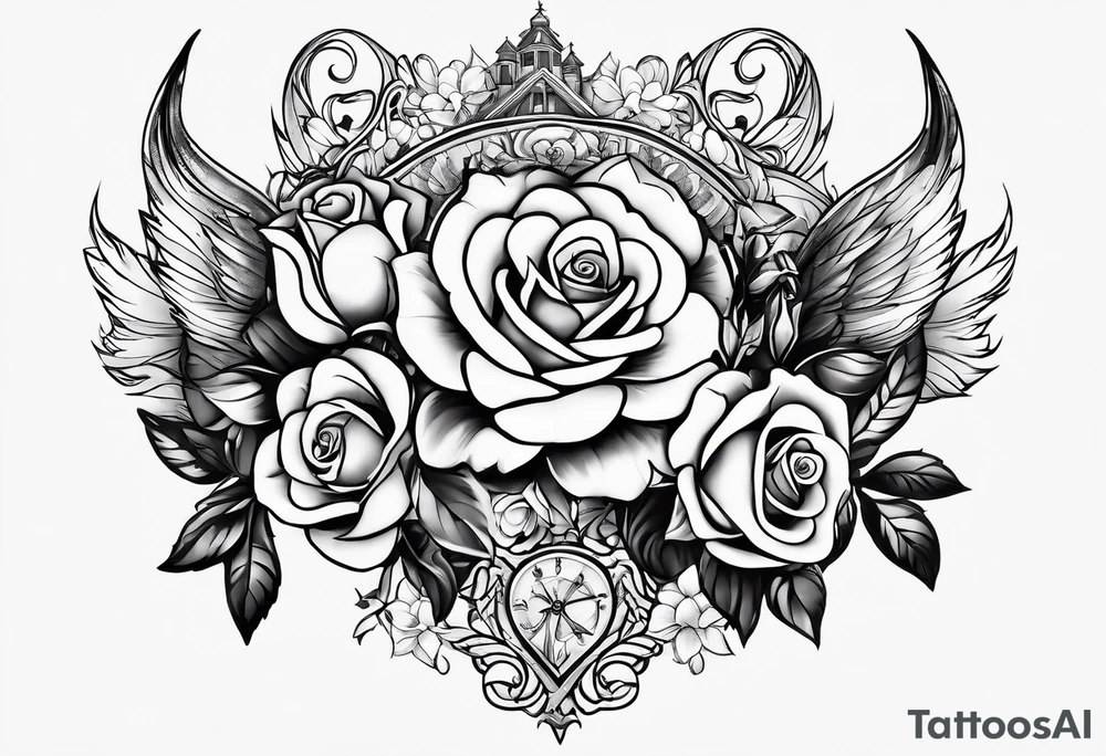 Tattoo thigh peice with Roses and flowers With nursing and hunting and cows and bulls and fishing and love and church. tattoo idea