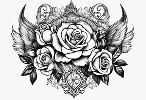 Tattoo thigh peice with Roses and flowers With nursing and hunting and cows and bulls and fishing and love and church. tattoo idea