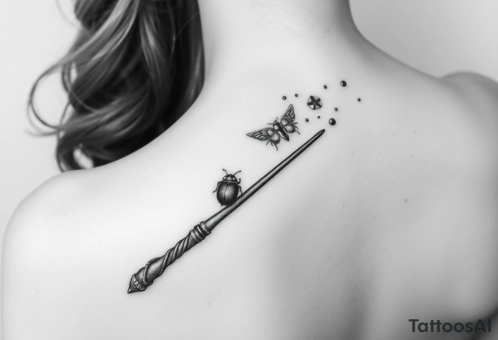 A ladybug getting out of hermione's magic wand like it was a spell. Magic dust all around the wand that looks almost smoky. I also want some small details around it that would make a piggyback on harry potter's movie like harry's glasses, a lightning, the golden snitch, etc... tattoo idea