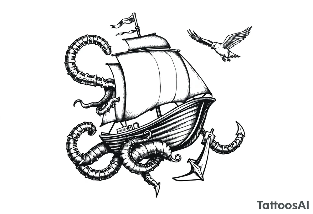 kraken, ship, sailor, anchor, sea, bird concept art tattoo idea