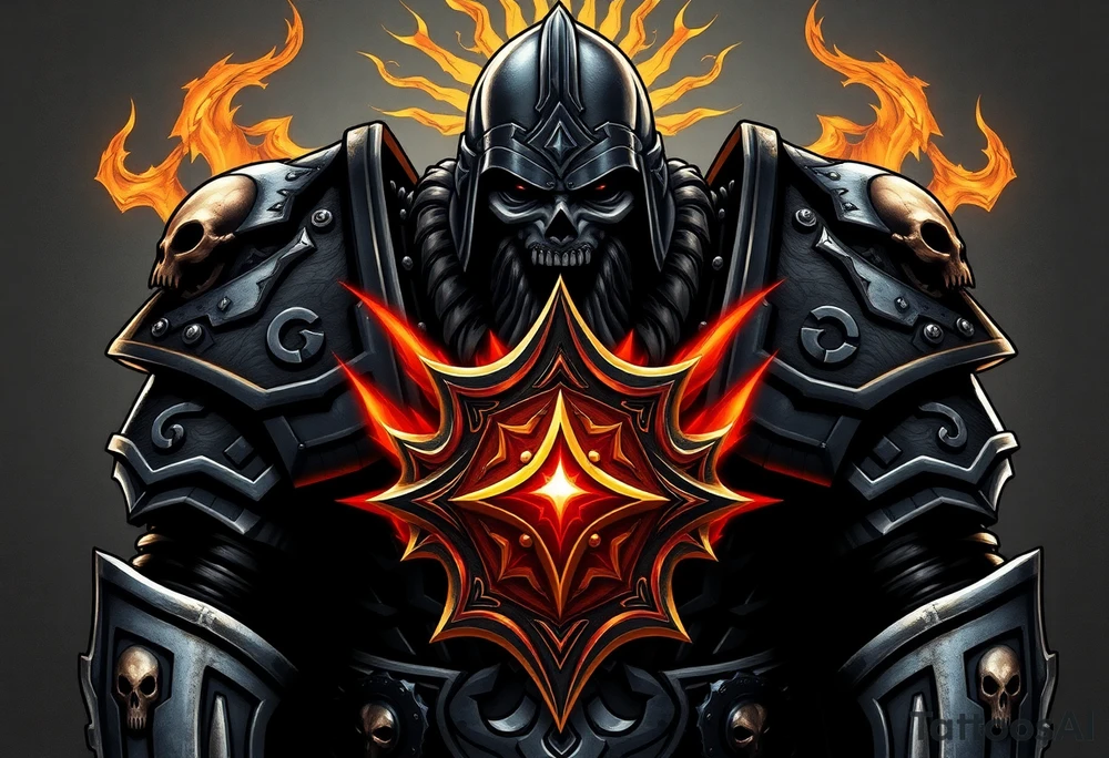 Warhammer, the Old World. A warrior priest of Sigmar holding The Warhammer of Sigmar. The Warhammer of Sigmar is radiating thunderous energy. The Warhammer is held by the warrior priest with both hands upon his chest level. The Warrior priest is wearing dark alloyed heavy armour with skull sigils on his shoulder pads. The warrior priest is wearing a helmet, while the helmets front visor has an humanoid face covering. The helmet and armour are gladened with hints of gold and crimson red. tattoo idea