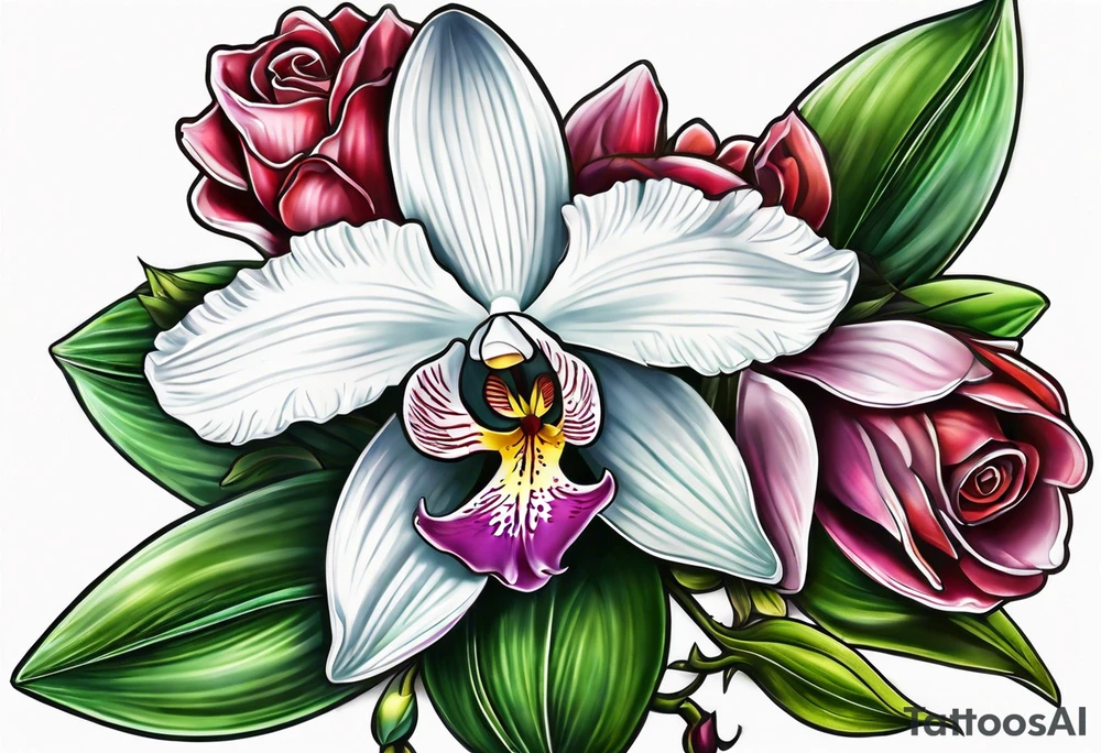 Cymbidum orchid with roses on each side tattoo idea