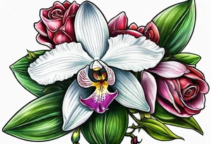 Cymbidum orchid with roses on each side tattoo idea