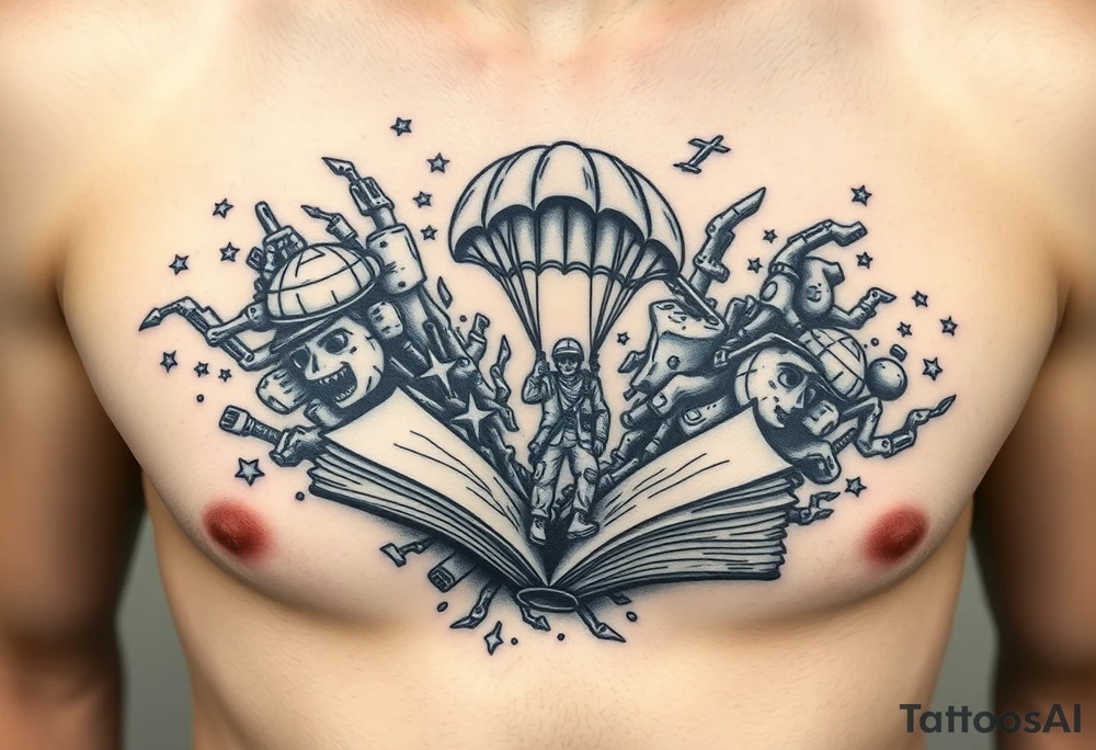 A parachuting soldier landing into an open book. Chaos surrounding, but the book is protecting the soldier from it. On the chest. Make it smaller. Thought provoking tattoo idea