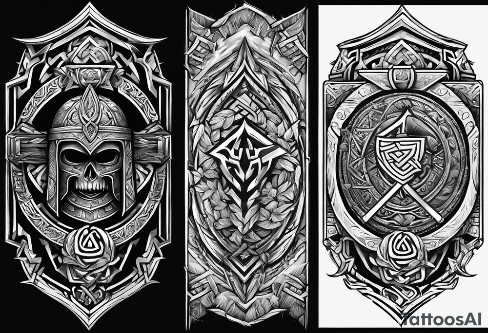 Valhalla stairs sword shield axe Valknut tattoo idea