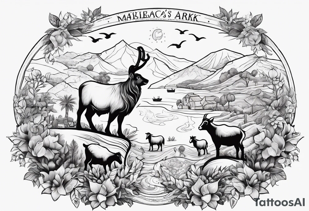 Noah's ark with a badger, a goat and a reindeer inside the outlines of Map of Mallorca tattoo idea