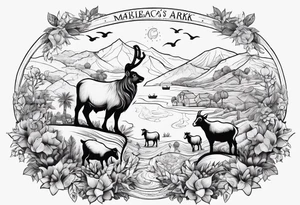 Noah's ark with a badger, a goat and a reindeer inside the outlines of Map of Mallorca tattoo idea