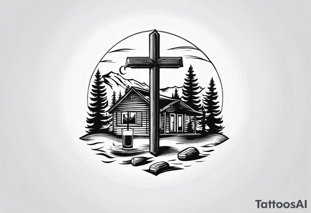 cross with whiskey glass, golf club, camp fire and cabin in the quandrants tattoo idea