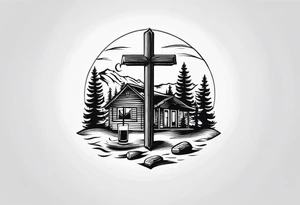 cross with whiskey glass, golf club, camp fire and cabin in the quandrants tattoo idea