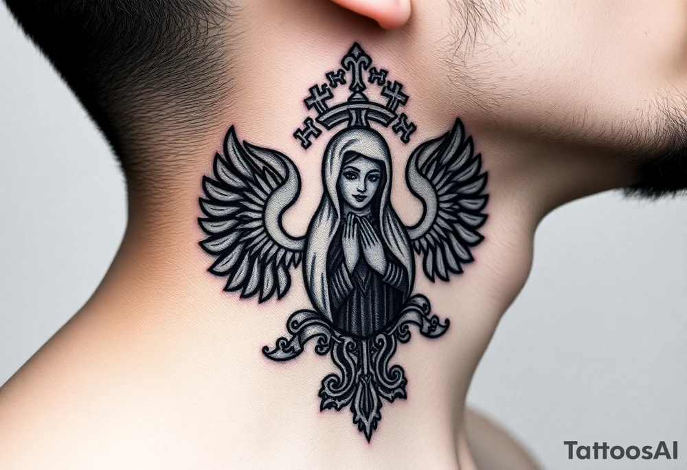russian coat arms in a christian orthodox style virgin mary on the side of the neck tattoo idea
