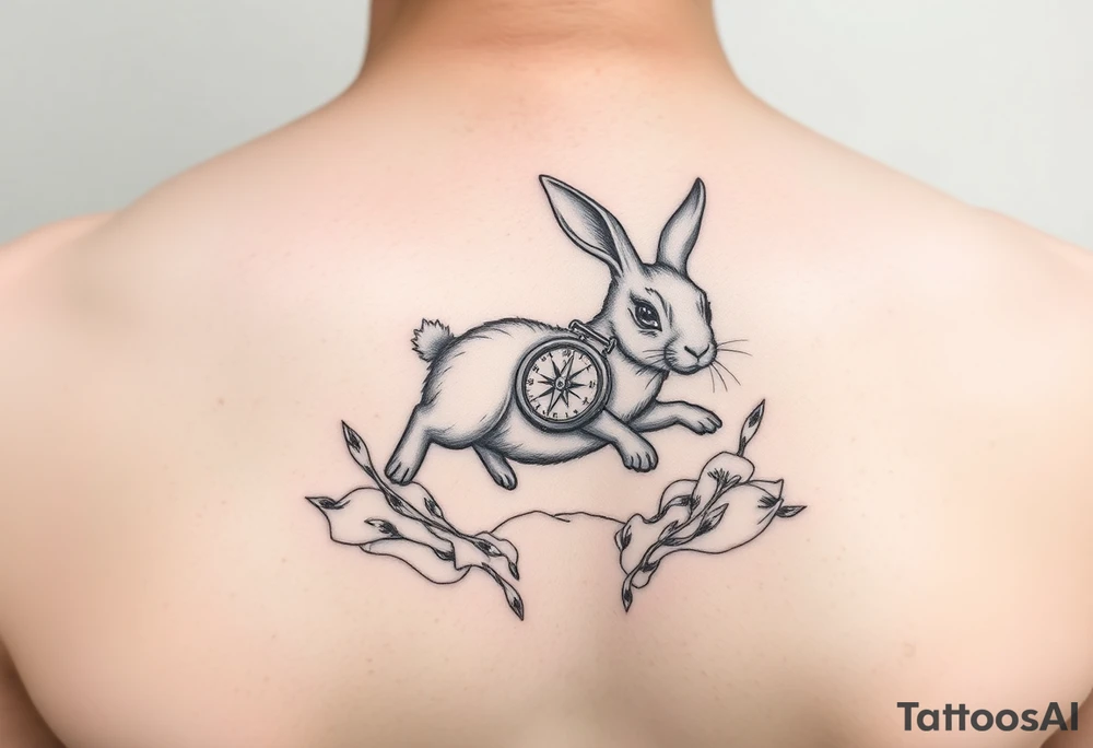 Rabbit with compass jumping down the rabbit hole tattoo idea