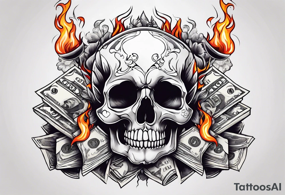 Savage letters smoking skulls money flames tattoo idea