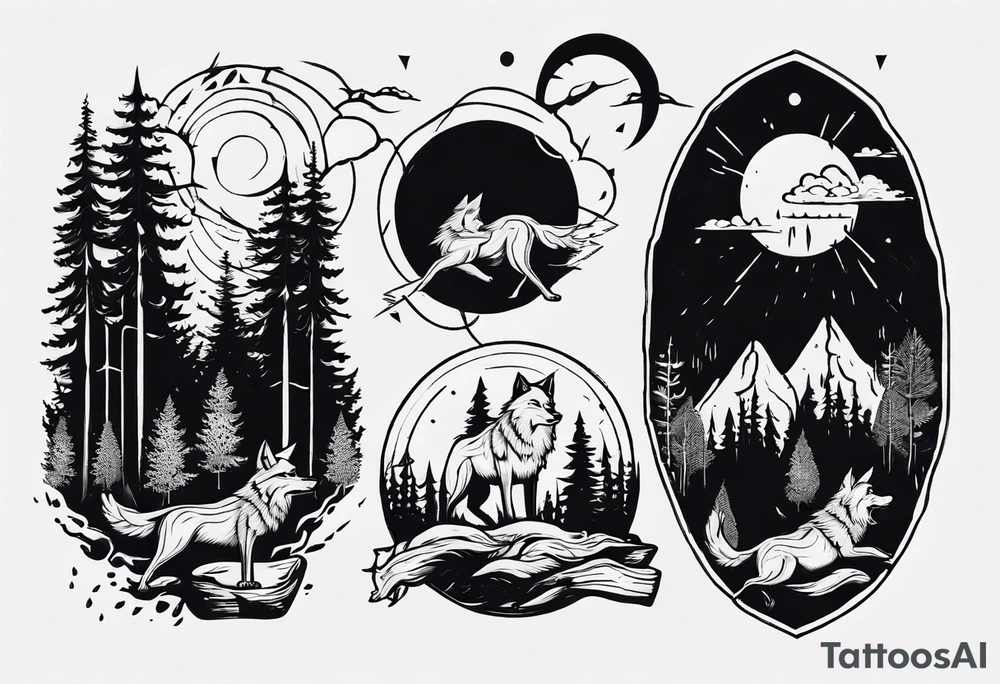 thunderstorm over a forest with a wolf howling on drums tattoo idea thunderstorm over a forest with a wolf howling on drums tattoo idea