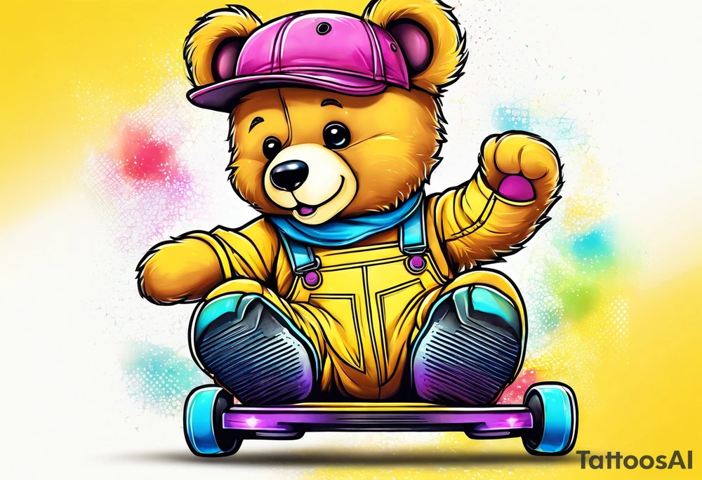 A rollerskating teddy bear in yellow overalls and rainbow skates tattoo idea
