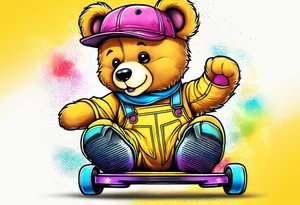 A rollerskating teddy bear in yellow overalls and rainbow skates tattoo idea