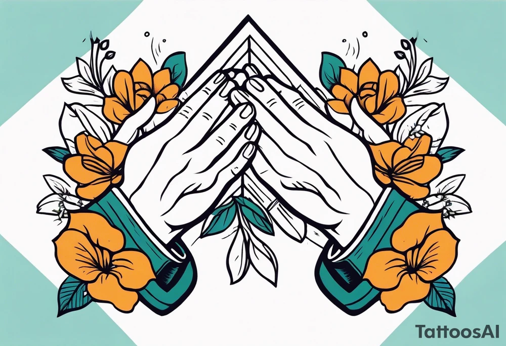 two 
hands praying with flowers simple bold tradional old school style bold colors tattoo idea