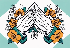 two 
hands praying with flowers simple bold tradional old school style bold colors tattoo idea