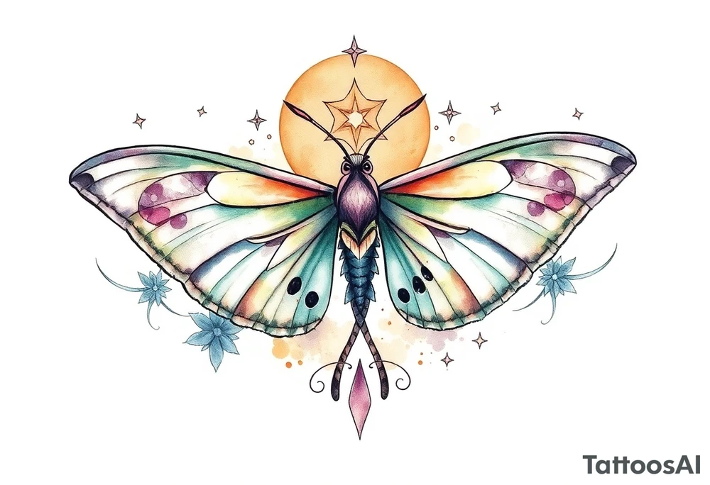 Delicate Luna moth surrounded by celestial accents tattoo idea