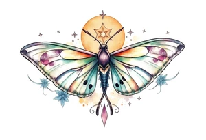Delicate Luna moth surrounded by celestial accents tattoo idea