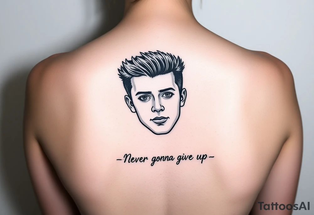 Young Rick Astley Face with Never Gonna Give You Up text tattoo idea