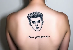 Young Rick Astley Face with Never Gonna Give You Up text tattoo idea