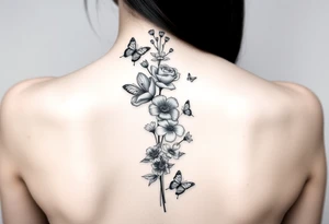 In a vertical line water lily, rose, violet and narcissus. Surrounded by small delicate butterflies 

Not a bouquet tattoo idea