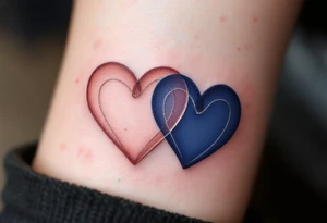 A matching tattoo of two intertwined hearts—one in soft rose gold and the other in deep navy blue—symbolizing harmony in contrast. tattoo idea