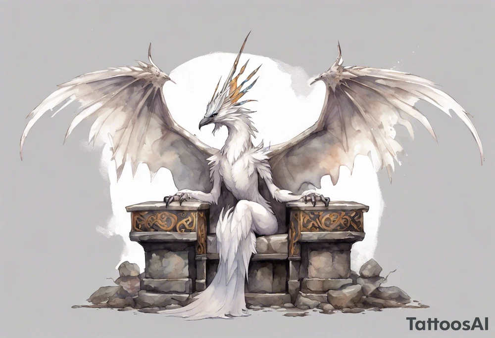 a white bird-wyvern hybrid wearing a plain iron diadem, perched on a stone throne tattoo idea