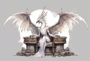 a white bird-wyvern hybrid wearing a plain iron diadem, perched on a stone throne tattoo idea