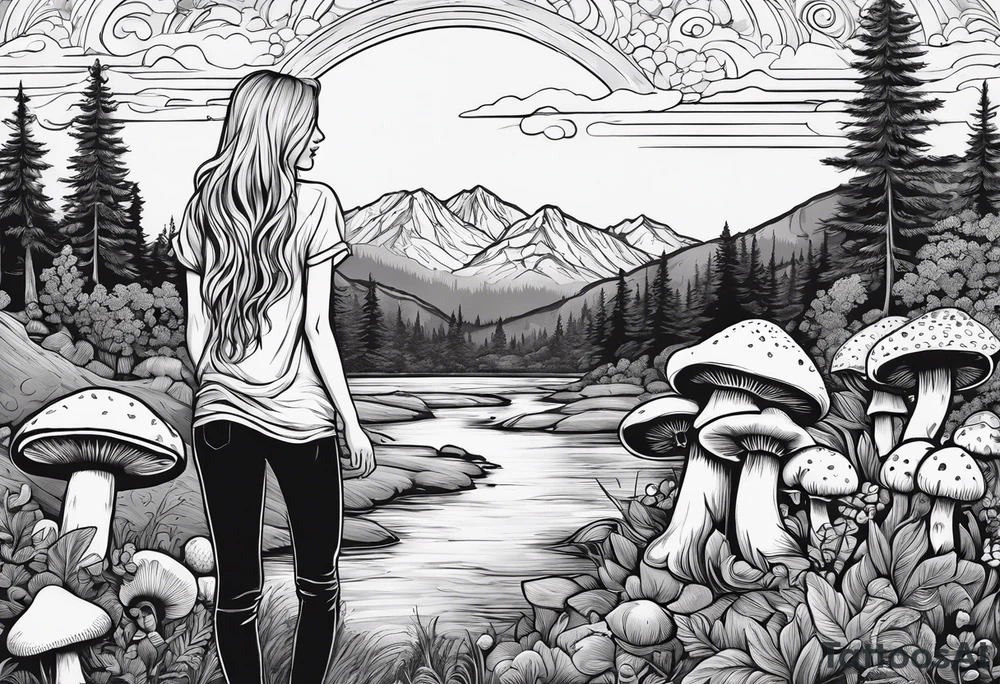 Straight long blonde hair hippie girl in distance holding mushrooms in hand facing away toward mountains and creek surrounded by mushrooms tee shirt and hiking pants tattoo idea