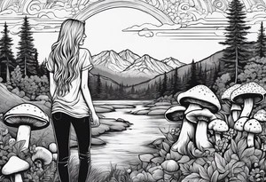 Straight long blonde hair hippie girl in distance holding mushrooms in hand facing away toward mountains and creek surrounded by mushrooms tee shirt and hiking pants tattoo idea