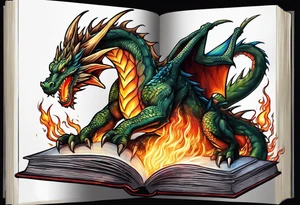 fire breathing dragon coming out of a book tattoo idea