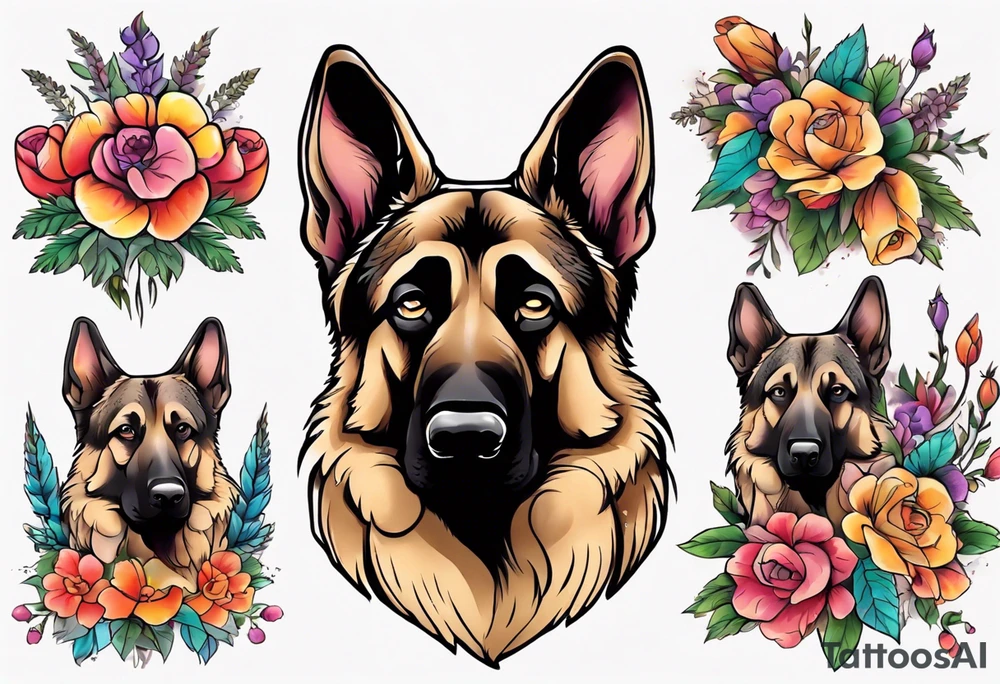 Sable colored German shepherd portrait brightly colored with flowers tattoo idea