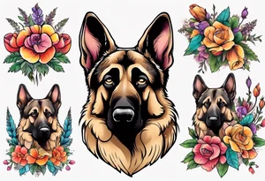 Sable colored German shepherd portrait brightly colored with flowers tattoo idea