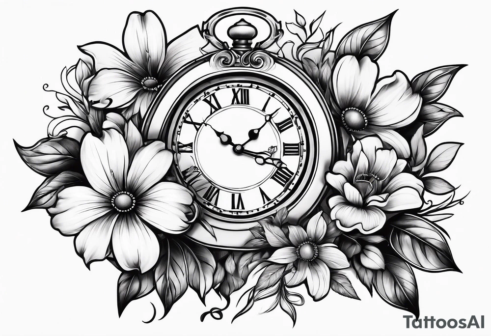 Flowers and clock tattoo idea