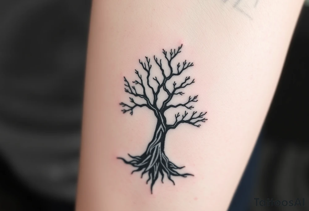 Design a tattoo symbolizing personal rebirth and freedom. or tree emerging from darkness, representing overcoming addiction, self-love, and inner strength. Include meditation elements. Style: minimalistic, meaningful, with clean lines and hope-driven symbolism. tattoo idea