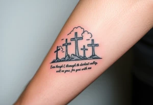 3 crosses, clouds, even though I walk through the darkest valley, I will fear no evil, for you are with me tattoo idea