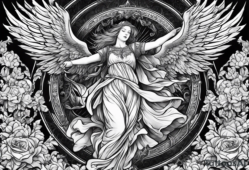 arm sleeve heaven at the top, angel
falling down hellfire at wrist tattoo idea