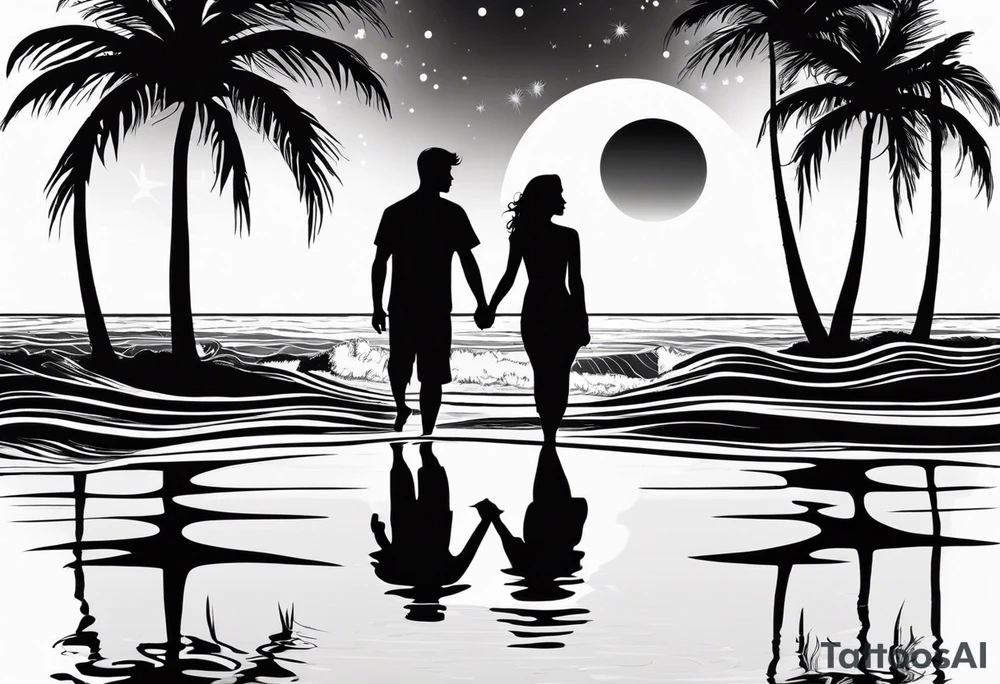 silhouette of two people holding hands on beach water with moon and palm trees tattoo idea