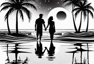 silhouette of two people holding hands on beach water with moon and palm trees tattoo idea
