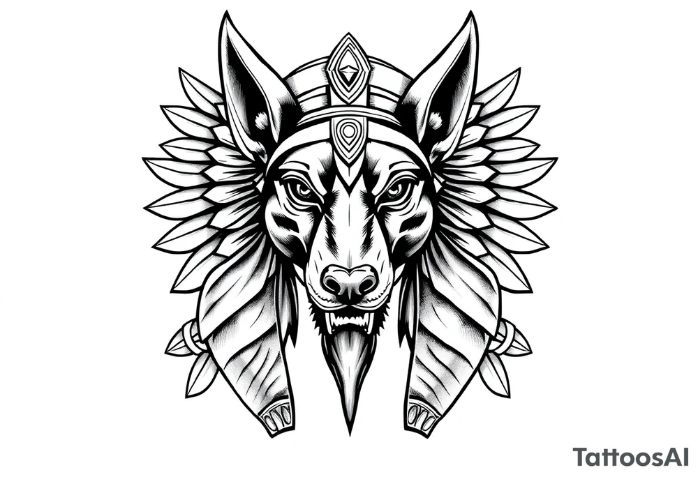 Egyptian Anubis god face muscle in Egypt style  with mantle on head

dog face surrounded Egyptian symbols based on elements tattoo idea