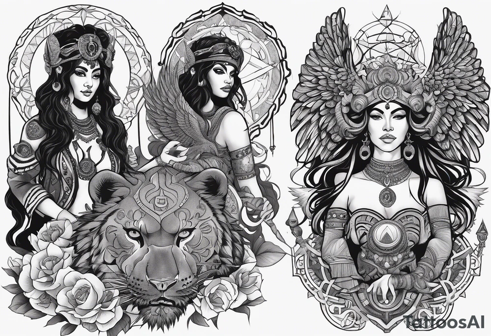 black kali, goddess pirate, alien, angel, pachamama, valkrye, warrior, flying, skull, lotus azul, wing, eagle, zenza resonance, stars, 5D, anahata chakra, death, durga, riding on a tiger, flying lady, kundalini, chest tatoo, samuri, rebel, serpent tattoo idea