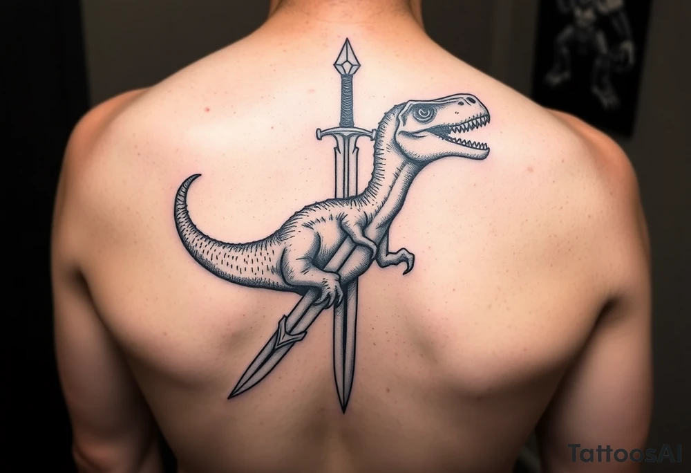 Tattoo image idea that shows a fingolfin sword and has a sauropods dinosaur incorporated with the sword tattoo idea