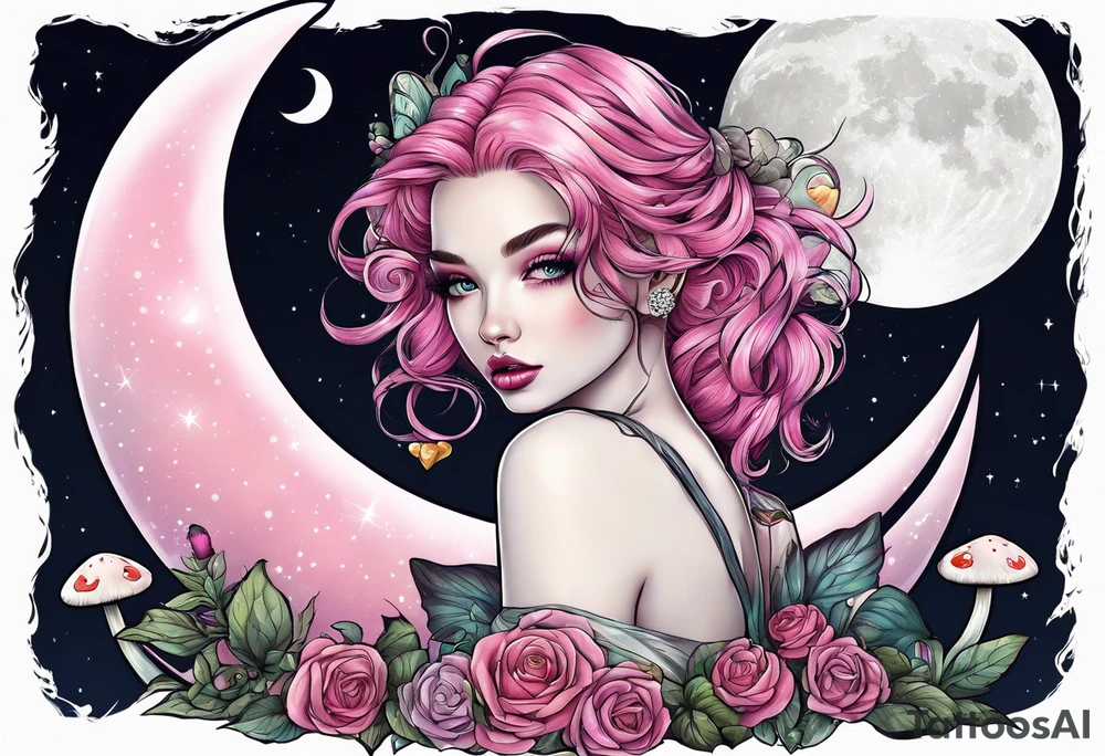 fairy with pink hair, eating a mushroom under the moon, tripping balls tattoo idea