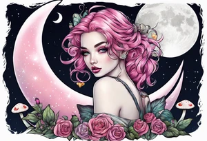 fairy with pink hair, eating a mushroom under the moon, tripping balls tattoo idea