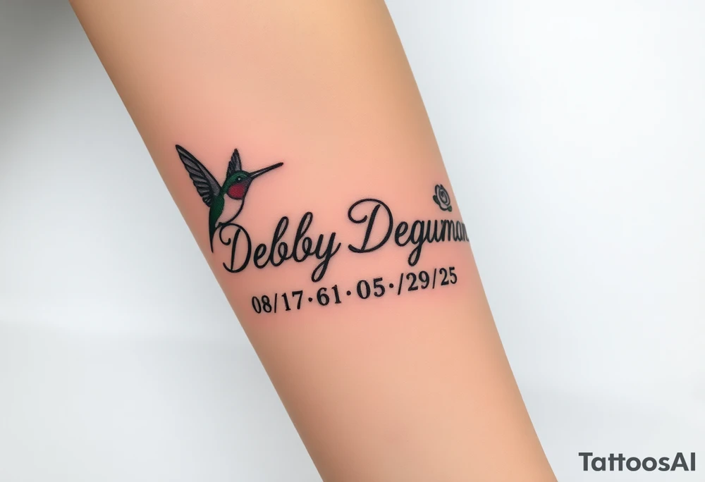 Tattoo of the exact name Debby Deguzman in chunky curly cursive with the exact dates of 08/17/61-05/29/25 surrounded by 1 hummingbird and 1 rose tattoo idea