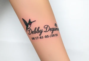 Tattoo of the exact name Debby Deguzman in chunky curly cursive with the exact dates of 08/17/61-05/29/25 surrounded by 1 hummingbird and 1 rose tattoo idea